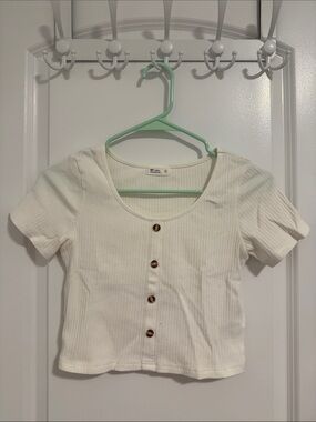 Ribbed Button-Front Crop Tee - White